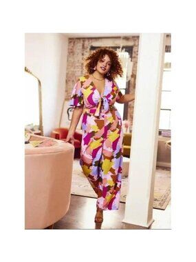 Eloquii Elements Keyhole Colorful Abstract Print Jumpsuit Size 16 V Neck Flutter